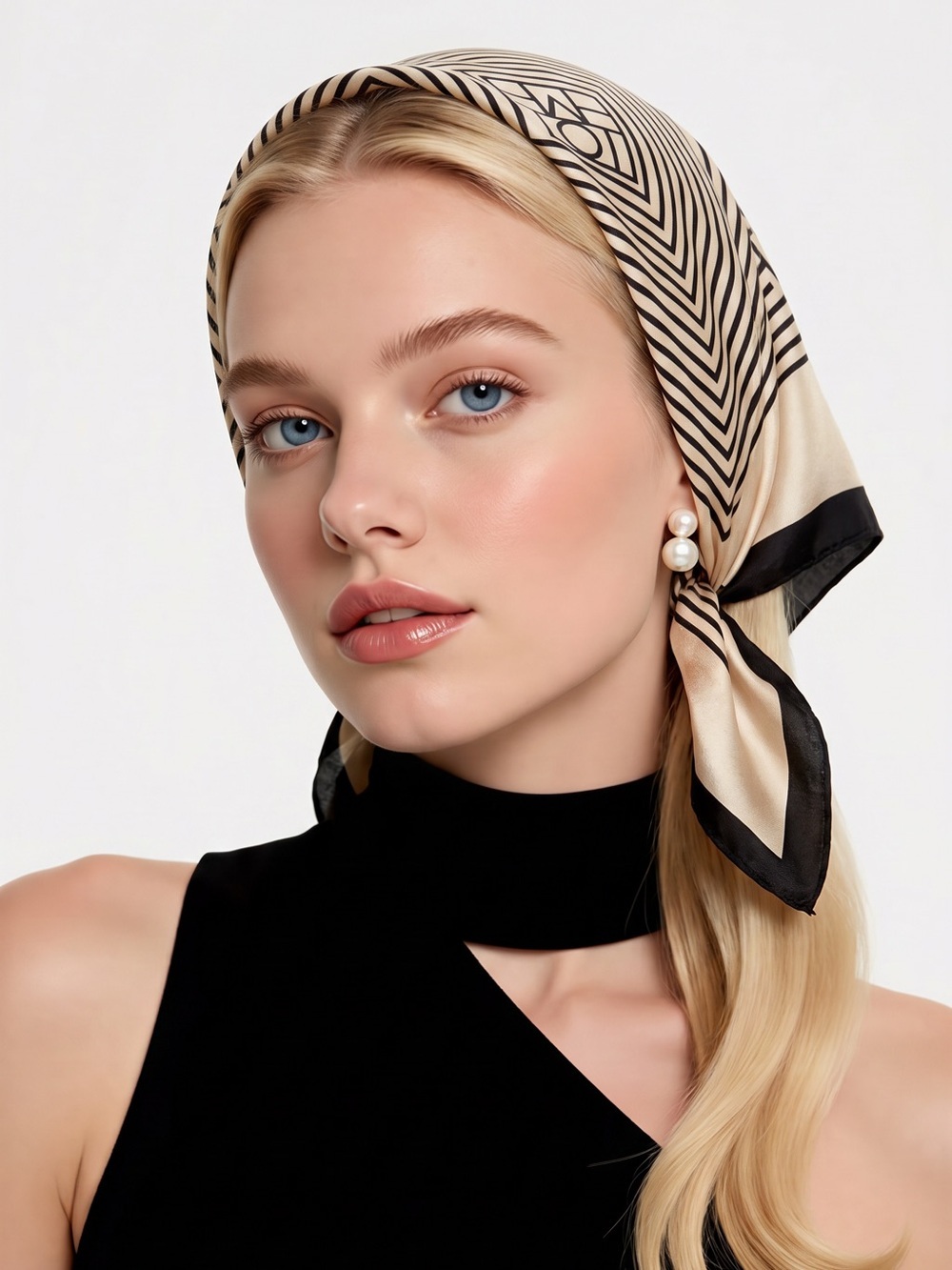 Black & Cream Geometric Silk-Feel Headscarf